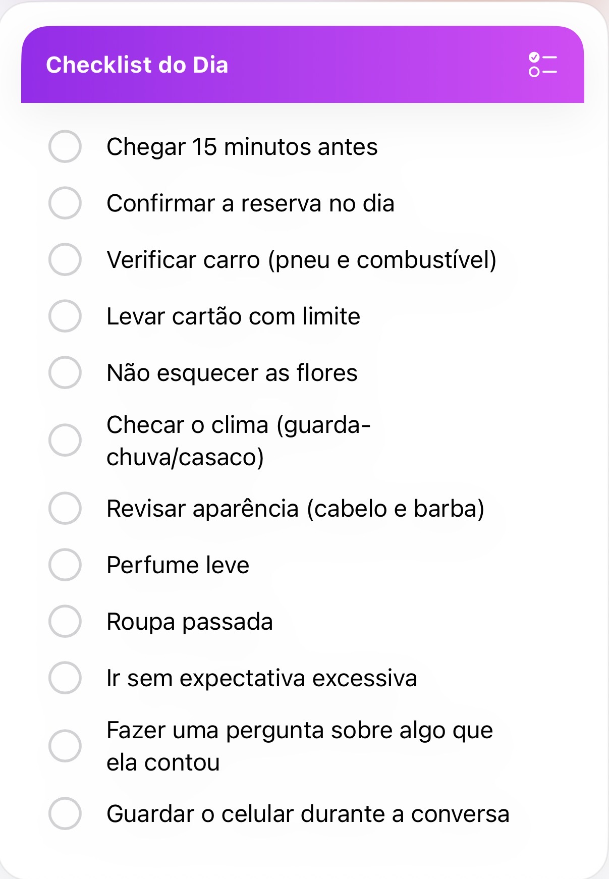 Checklist do dia do encontro no Houpy