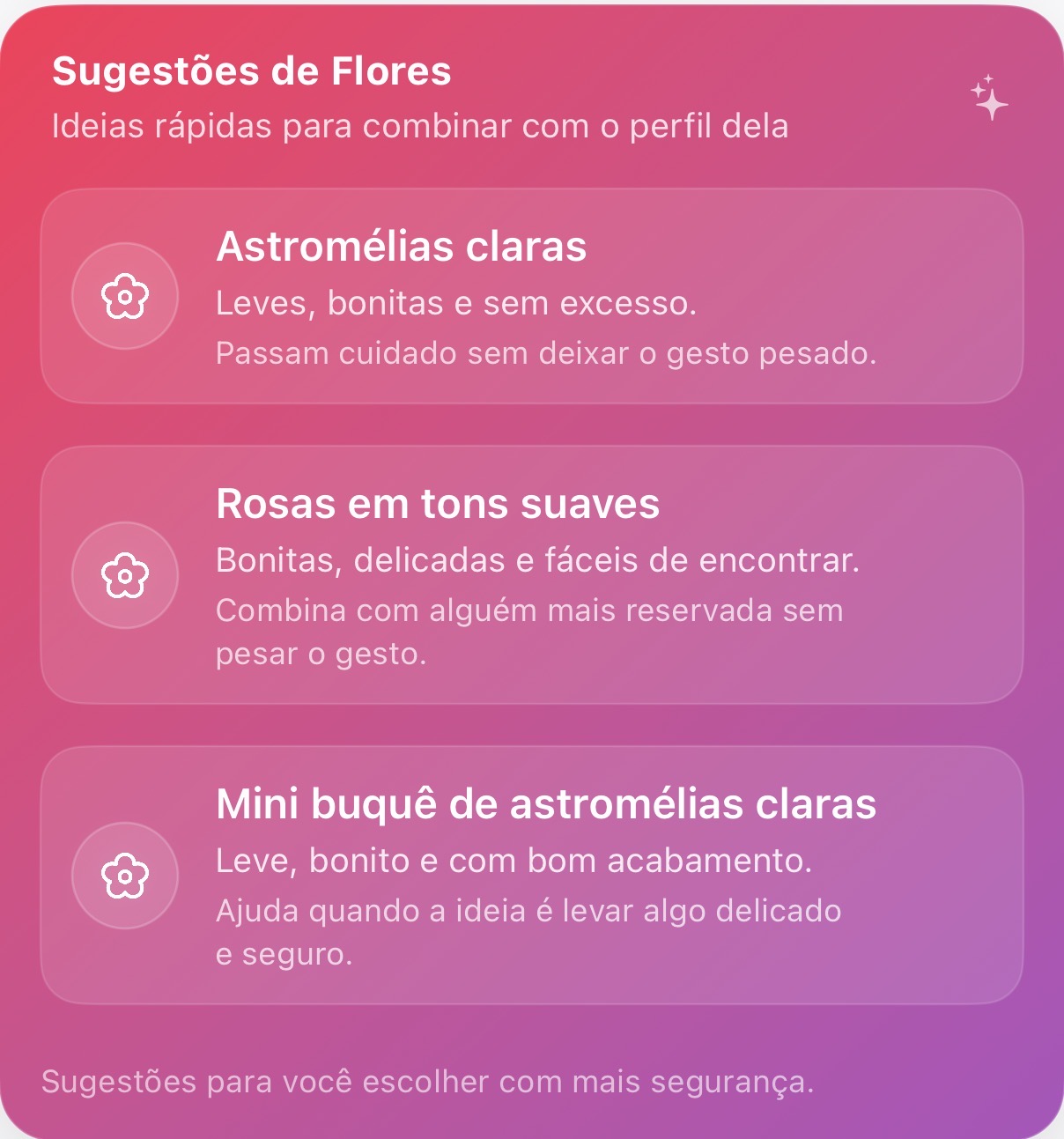 Sugestões de flores no Houpy, baseadas no perfil dela